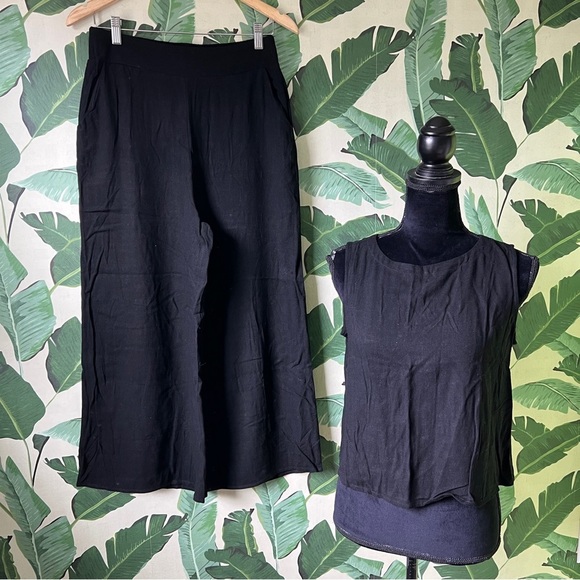 ANRABESS Summer 2 Piece Outfits Sleeveless Crop Top Black Wide Leg Pants Linen M - Picture 2 of 14
